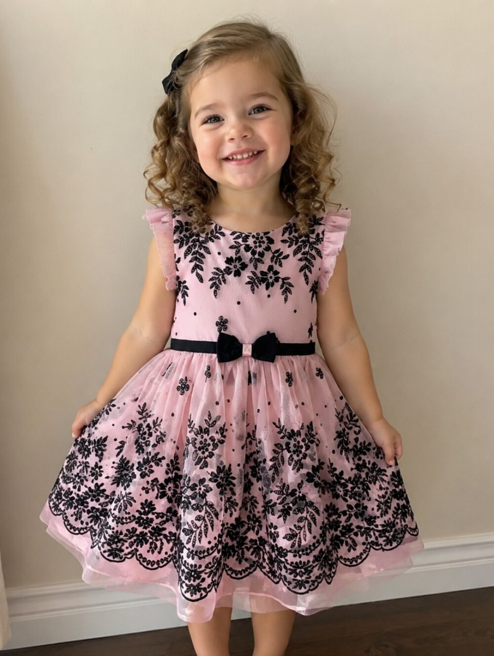 Jona Michelle Toddler Girls Pink & Black Floral Flocked Party Dress Size 3T